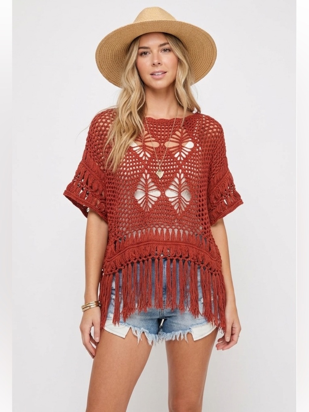 Boho Crochet Fringe Top - Rust